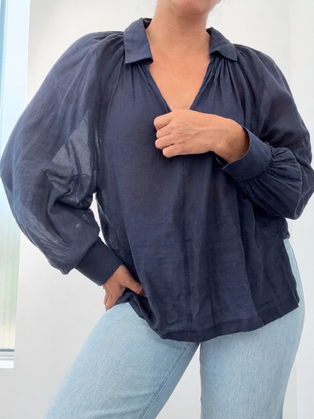 Mango Navy V-Neck Balloon-Sleeve Blouse
